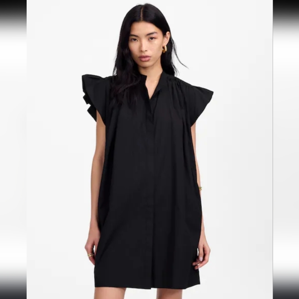 Madewell Black Button Front Flutter Cap Sleeve Mini Dress In Poplin Size XL NWOT